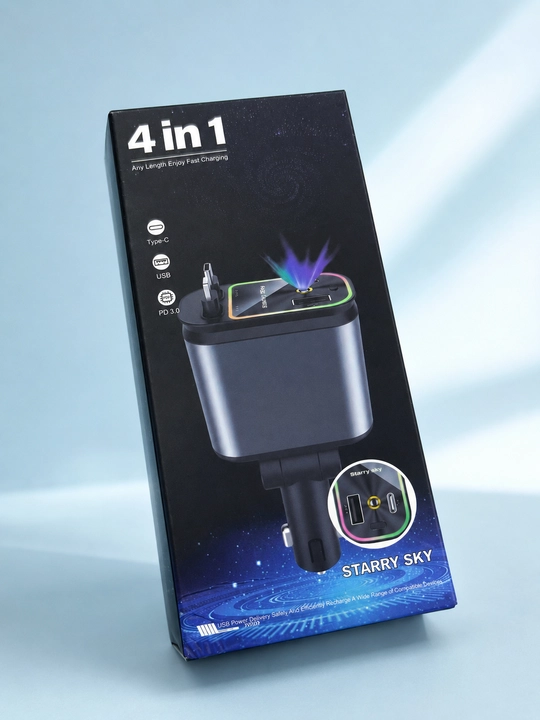 Автомобильное зарядное устройство 4 в 1 с Type-C, Lightning, USB, кабель 60 см