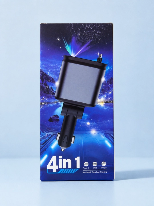 Автомобильное зарядное устройство 4 в 1 с Type-C, Lightning, USB, кабель 60 см