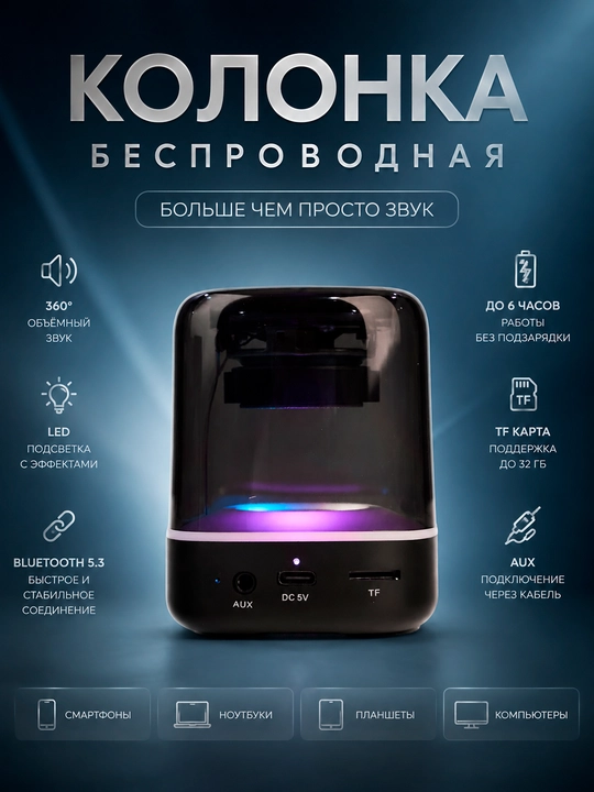 RGB yoritgichli simsiz Bluetooth 5.3 karnay, Hi-Fi, TF, AUX, 360° stereo ovoz