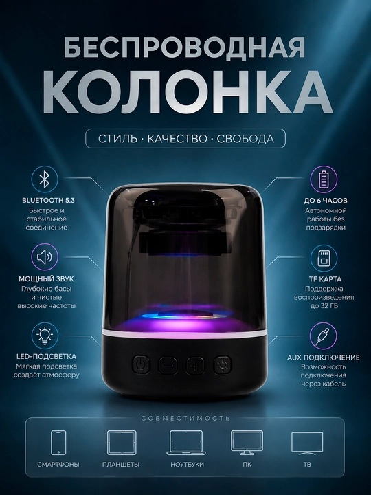 RGB yoritgichli simsiz Bluetooth 5.3 karnay, Hi-Fi, TF, AUX, 360° stereo ovoz