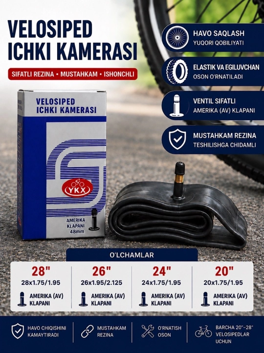 Velosiped ichki kamerasi,20-24-26-28 va turli o'lchamlarda, kengligi 1,75 dan 1,95 gacha - 