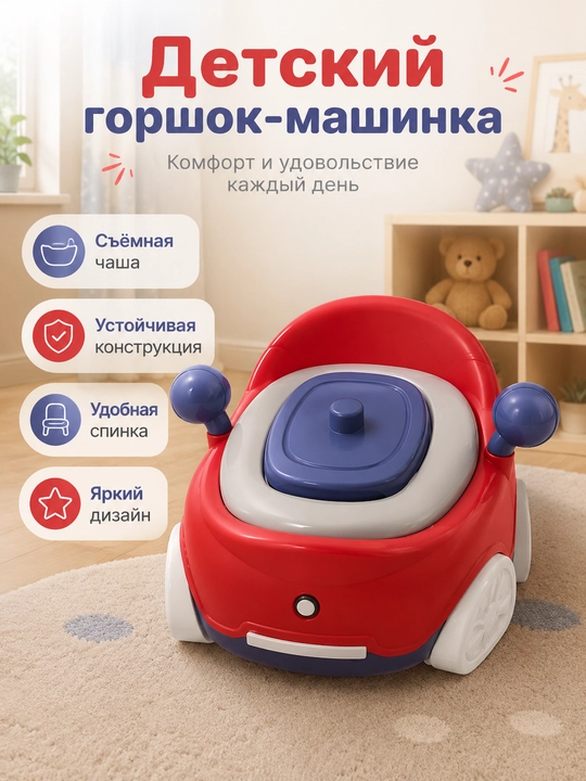 Детский горшок в форме машинки со съёмной чашей, крышкой и удобной спинкой