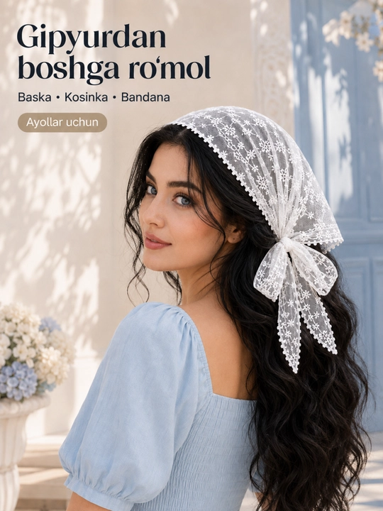 Gipyur kosinka, ayollar ro‘moli, bosh ro‘mol, krujevali kosinka, bandana, oq kosinka - 