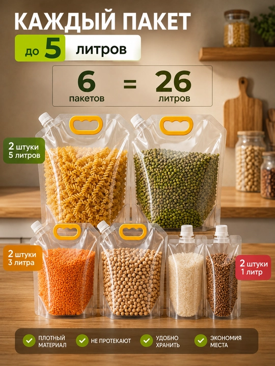 Пакеты-контейнеры для круп с крышкой и воронкой