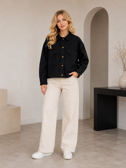 Ayollar uchun qora jins ko'ylak (Oversize) – Uzun yengli, tugmali, Casual, Street Style - 
