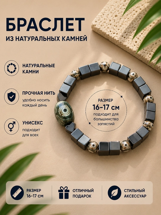 Браслет из натуральных камней с бусиной Дзи, на эластичной нити
