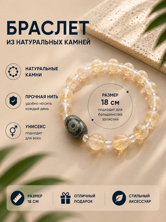 Браслет из натуральных камней с бусиной Дзи, на эластичной нити