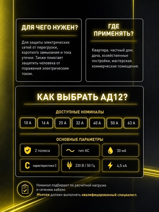 Ikki kutupli differentsial o'chirgich IEK KARAT AD12 2P 10–63 A, 30 mA, AC turi, 4,5 kA
