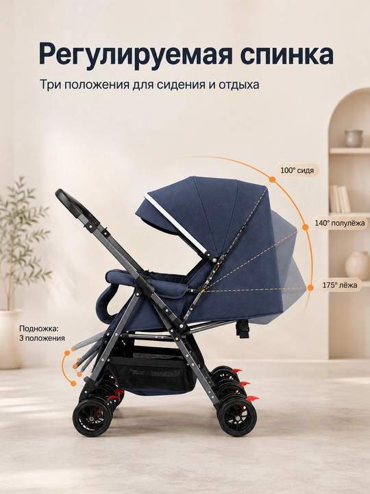 Коляска для двойни с глубоким капюшоном, регулируемой спинкой и большими EVA колёсами