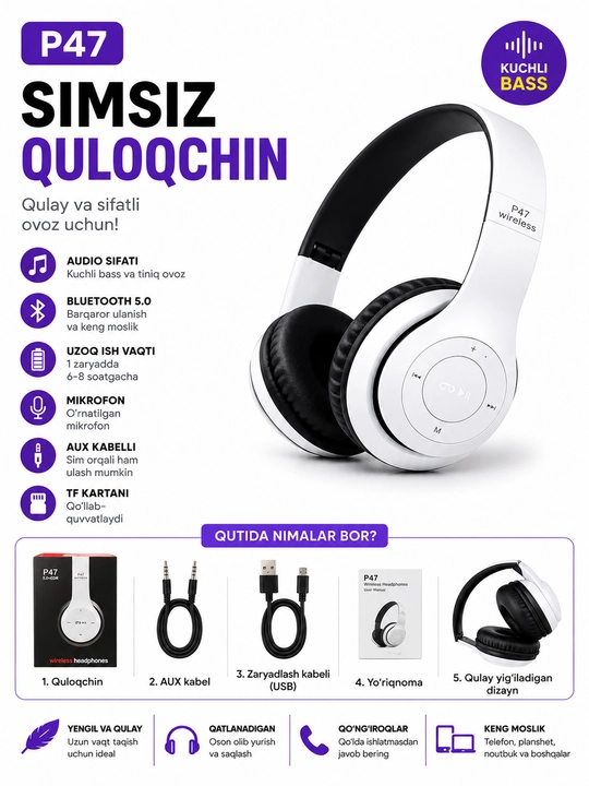 Simsiz quloqchinlar P47, Bluetooth 5.0, yig'iluvchan, mikrofon bilan, shovqinsiz