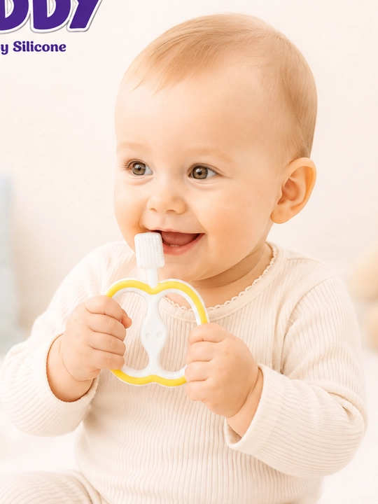 Baby Silicone silikon tishlagich va barmoq tish cho'tkasi, BPA FREE, 6+ oy, bolalar uchun