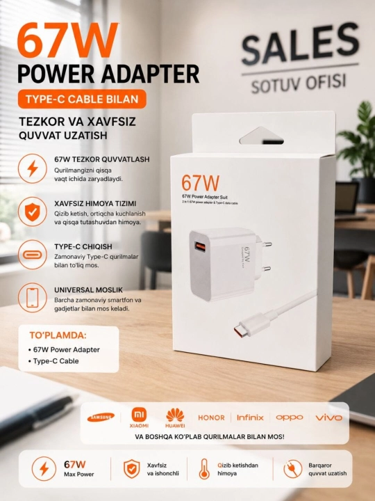 Зарядное устройство 67W с кабелем Type-C, USB адаптер для смартфонов и планшетов - 