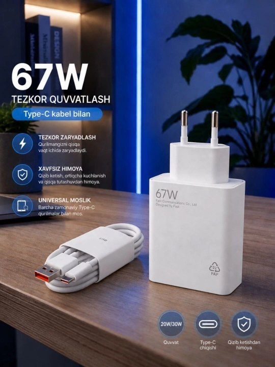 Зарядное устройство 67W с кабелем Type-C, USB адаптер для смартфонов и планшетов