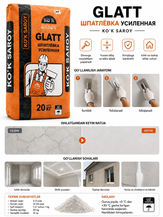 KO'K SAROY GLATT kuchaytirilgan finish shpatlyovka 20 kg, finish shpaklyovka - 