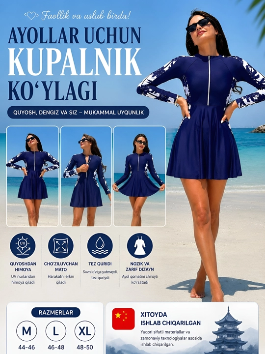 Ayollar uchun bir qismli suzish kiyimi, o‘lchamlari M, L, XL, bir o‘lcham kichik - 