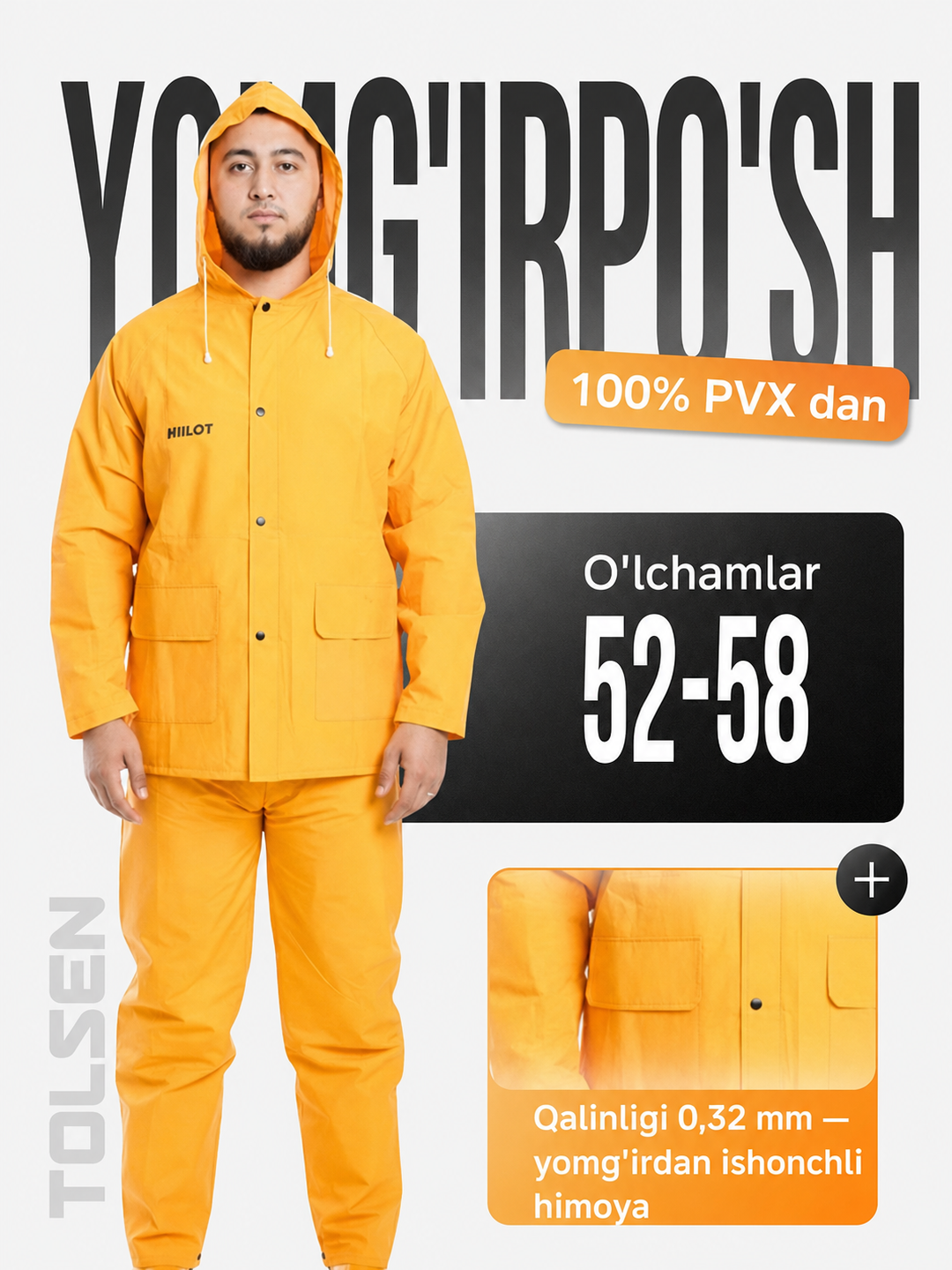 Yomg‘irdan himoya kostyumi TOLSEN kapyushonli, fermuar va tugmali, PVC, L–XXL - 