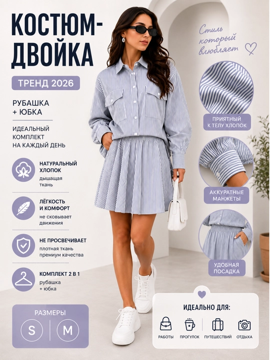 Женский Костюм рубашка с юбкой в полоску двойка - 