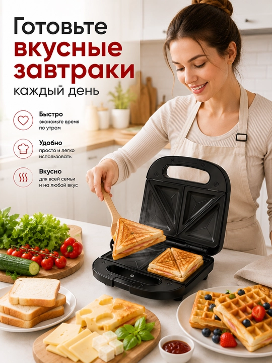 Мультипекарь 5 в 1, сэндвичница и вафельница, антипригарное покрытие, 1200 Вт
