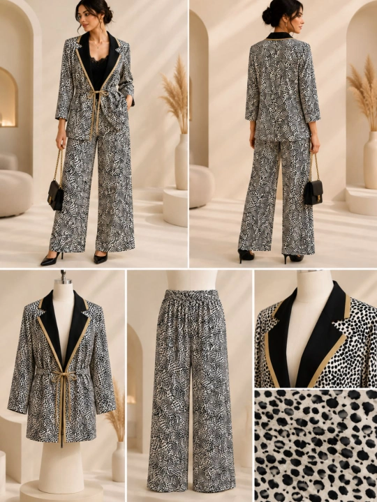 Ayollar uchun yupqa paxtali kostyum-dvoyka – nafas oluvchi mato, leopard naqshli
