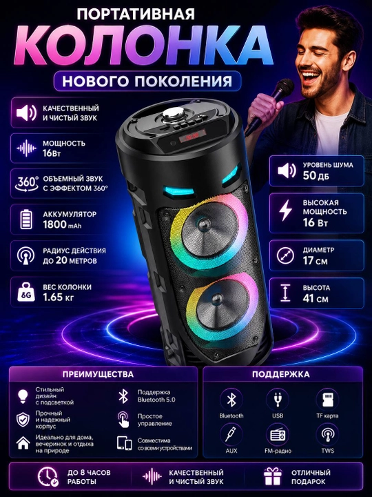 Беспроводная большая колонка, музыкальная с караоке, микрофон, пульт и RGB подсветка - 