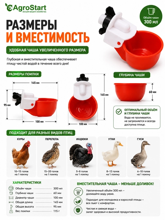Tovuq, bedana, o'rdak, kurka va uy parrandalari uchun avtomatik kosacha sug'orgich