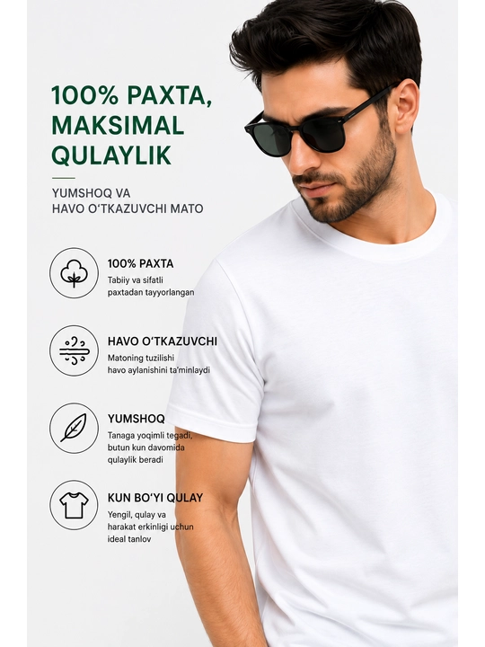 Erkaklar uchun klassik futbolka, 100% paxta, oq