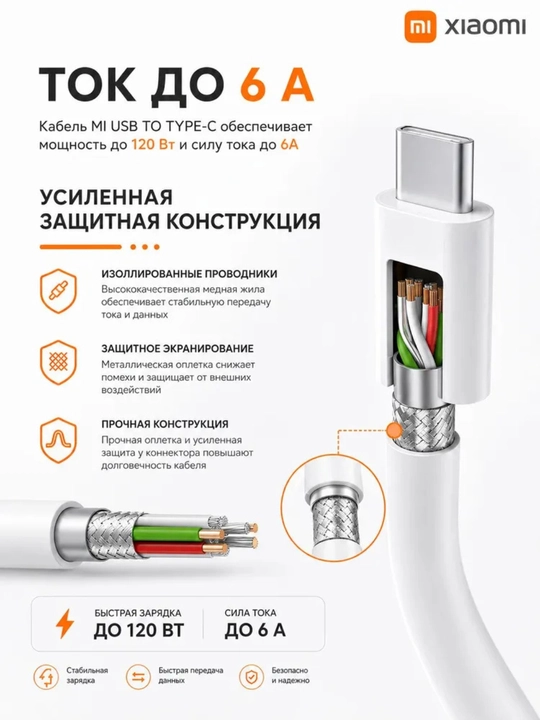 Кабель Xiaomi Mi Turbo USB-A –Type-C 6A 120W, 1метр,поддержка быстрой зарядки 33W/67W/120W