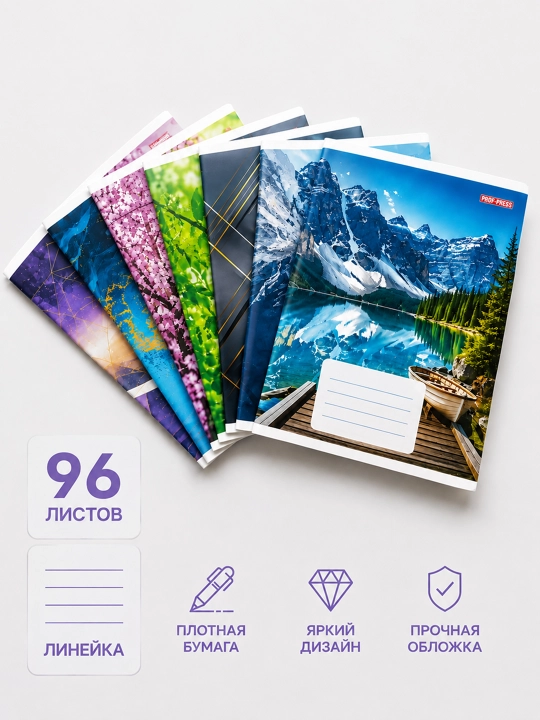Тетрадь 96 листов, клетка, школьная, общая, А5, плотная обложка
