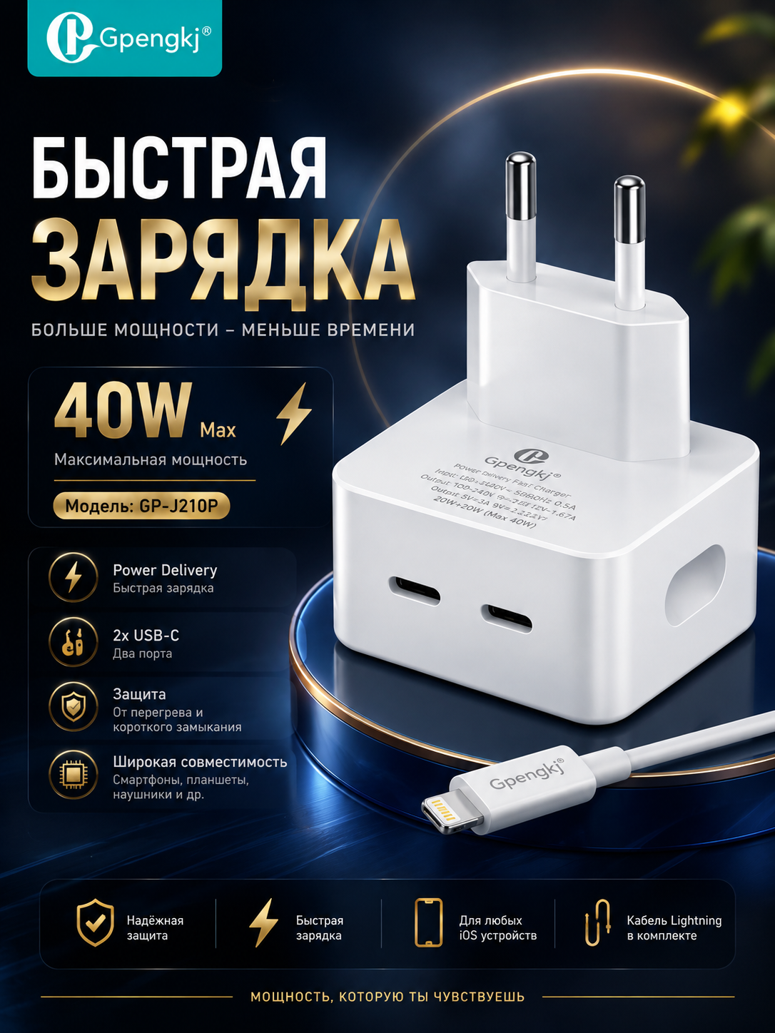 Зарядное устройство 40W 2×USB-C Power Delivery с кабелем USB-C 1 м | GP-J210C - 