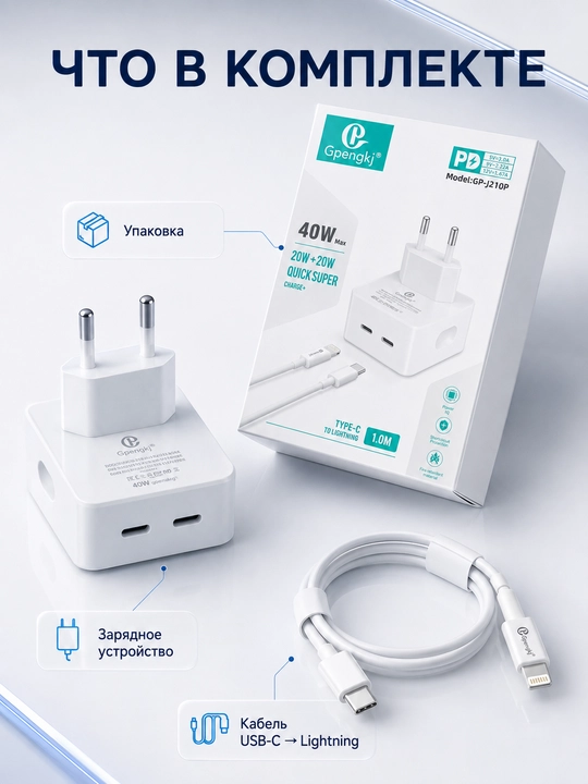 Зарядное устройство 40W 2×USB-C Power Delivery с кабелем USB-C 1 м | GP-J210C