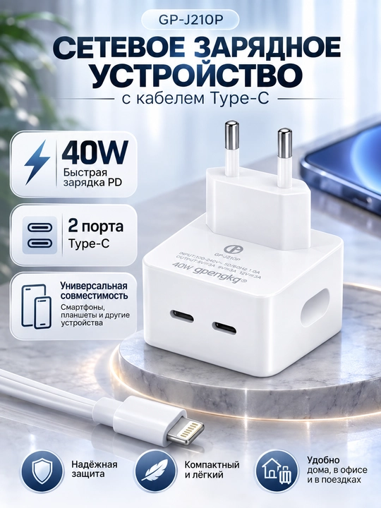 Зарядное устройство 40W 2×USB-C Power Delivery с кабелем USB-C 1 м | GP-J210C
