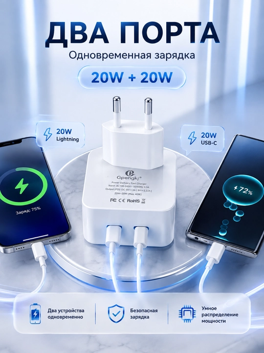 Зарядное устройство 40W 2×USB-C Power Delivery с кабелем USB-C 1 м | GP-J210C