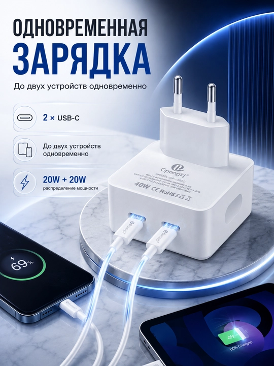 40W Type-C Tez Zaryadlovchi Adapter 2x USB-C PD + USB-C Kabel 1 m | GP-J210C