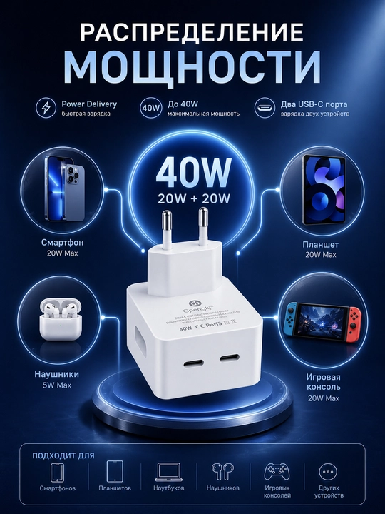 40W Type-C Tez Zaryadlovchi Adapter 2x USB-C PD + USB-C Kabel 1 m | GP-J210C