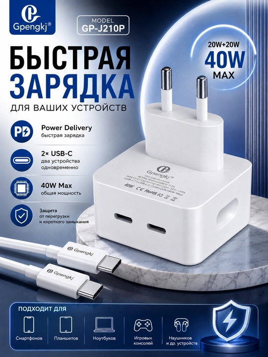 40W Type-C Tez Zaryadlovchi Adapter 2x USB-C PD + USB-C Kabel 1 m | GP-J210C