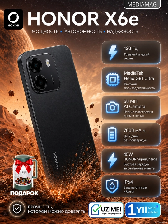 Smartfon HONOR X6e 120 Hz ekran, 7000 mAs, 50 MP AI kamera, 45W SuperCharge, IP64 - 