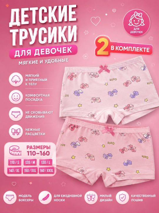 Детские трусики-шортики для девочек, 4 шт в комплекте - 