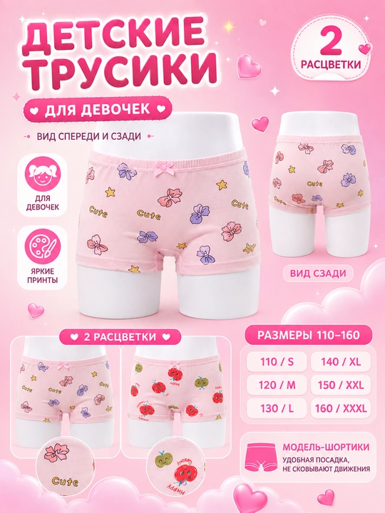 Детские трусики-шортики для девочек, 4 шт в комплекте