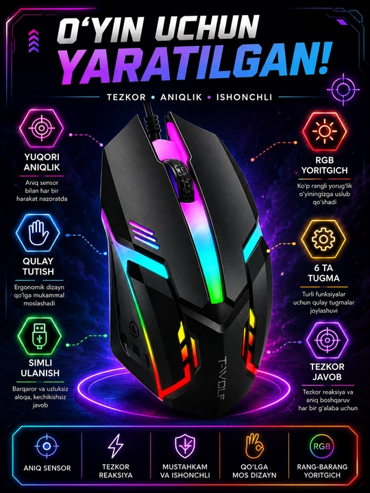 Игровая компьютерная мышь, проводная, с RGB подсветкой (для игр и офиса) - 
