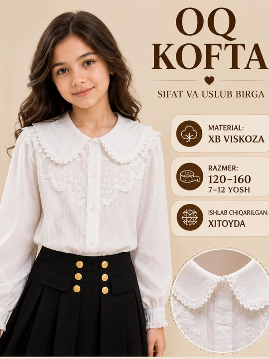 Qizlar (7-12 yosh) uchun oq maktab bluzkasi/top - Xitoyda ishlab chiqarilgan - 