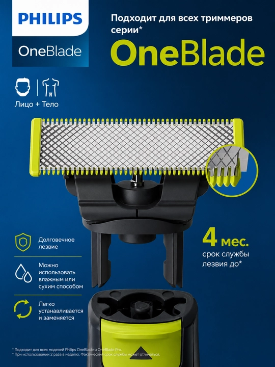 Philips OneBlade almashtiriladigan pichog'i trimmer va britva uchun nasadka QP210