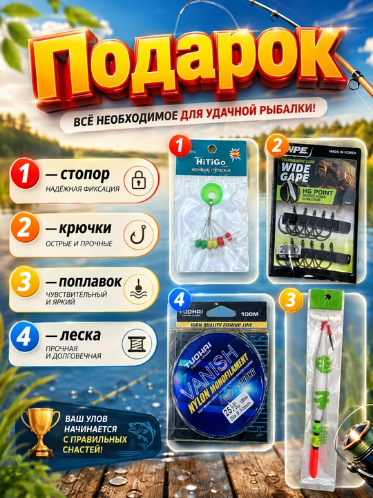 Удочка с катушкой и леской, крючки, поплавок и стопор