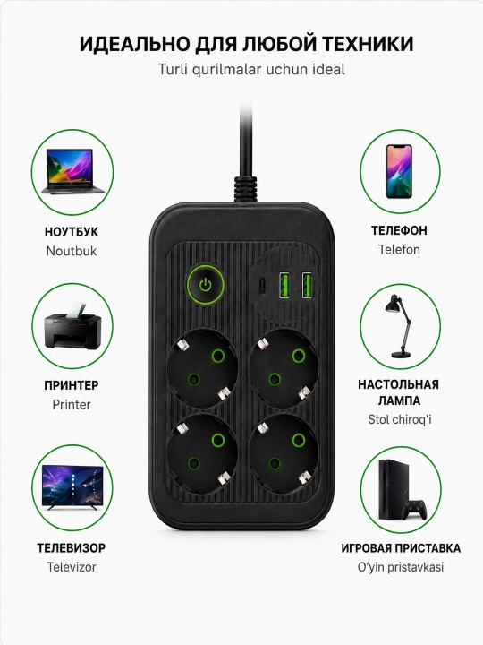 Сетевой удлинитель переноска пилот 4 Евро розетки 2 USB +Type с кнопкой C 2м 220/250v 10A