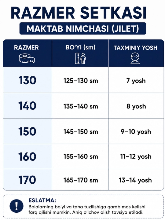 Maktab nimchasi, bolalar jileti, maktab formasi, uniseks, 7–14 yosh