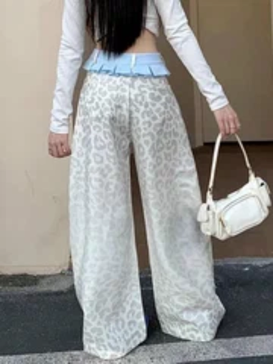 Retro American style uslubidagi leopard printli ayollar keng jinsi shimlari