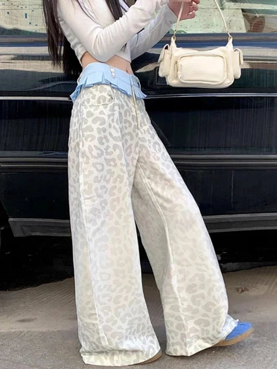 Retro American style uslubidagi leopard printli ayollar keng jinsi shimlari