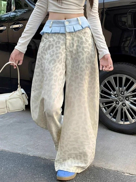 Retro American style uslubidagi leopard printli ayollar keng jinsi shimlari