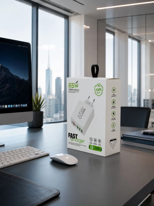 65W PD va QC3.0 tezkor zaryadlovchi adapter, 5 portli USB va USB-C quvvat adapteri