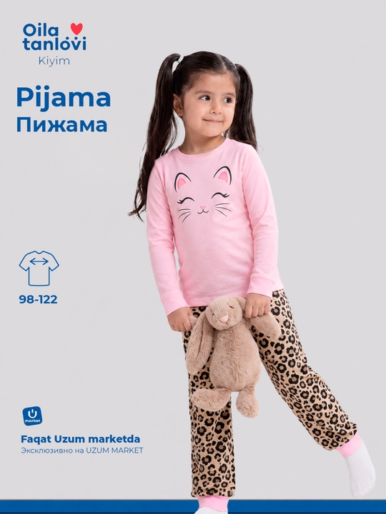 Qiz bolalar uchun pijama uzun yengli, paxtali uy kiyim to'plami longsdiv va shim - 