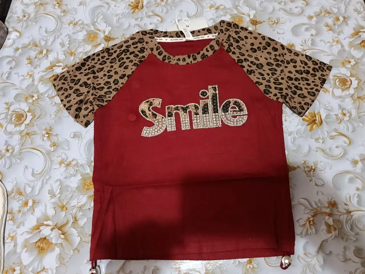 Qizlar uchun futbolka Smile toshli printli, yengil va yumshoq sovg'a uchun